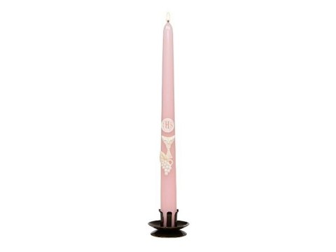 Świeca stożkowa Komunijna z hostią IHS, różowa, 29 cm - 4 szt. Świeca stożkowa Komunijna z hostią IHS, różowa, 29 cm - 4 szt.