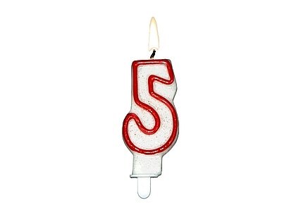 Świeczka cyfra''5''z czerwoną obwódką i brokatem 24szt 62-05 Świeczka cyfra''5''z czerwoną obwódką i brokatem 24szt 62-05