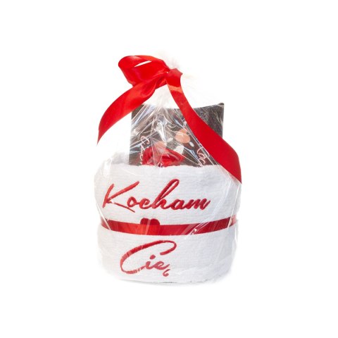 Ręcznik biały z haftem "Kocham Cię" + czekolada Ręcznik biały z haftem "Kocham Cię" + czekolada