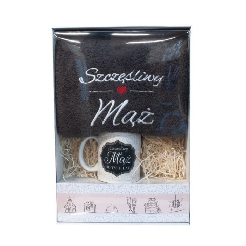 Zestaw prezentowy z szarym ręcznikiem "Szczęśliwy Mąż" kubek "Szczęśliwy Mąż od tylu lat" Zestaw prezentowy z szarym ręcznikiem "Szczęśliwy Mąż" kubek "Szczęśliwy Mąż od tylu lat"