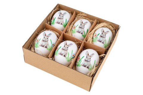 Jajka plastikowe gęsie 8cm kolor biały z dekoracjami 6szt. WPJ-0178