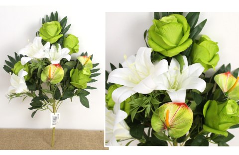 Bukiet mieszany RÓŻA, LILIA, ANTURIUM wys. 47 cm 9 łodyg (9 kwiatów 7,5-10 cm) BIAŁO ZIELONY MZ-315B Bukiet mieszany RÓŻA, LILIA, ANTURIUM wys. 47 cm 9 łodyg (9 kwiatów 7,5-10 cm) BIAŁO ZIELONY MZ-315B